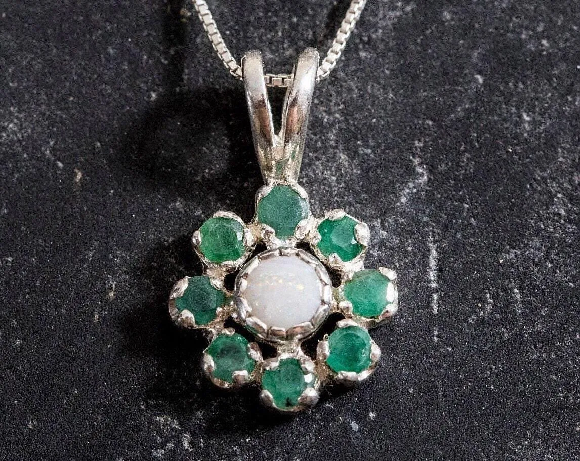 Opal Flower Necklace - Natural Opal Necklace - Emerald Cluster Pendant