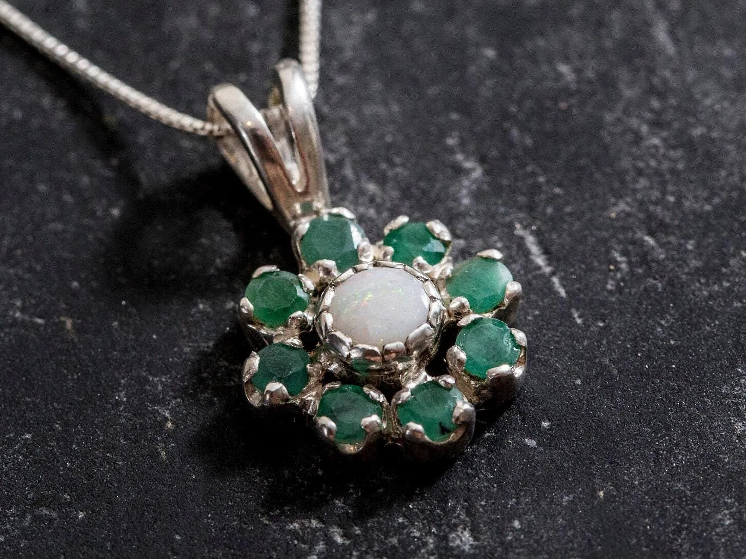 Opal Flower Necklace - Natural Opal Necklace - Emerald Cluster Pendant