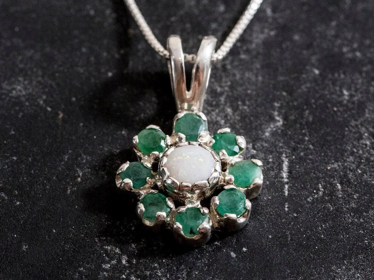 Opal Flower Necklace - Natural Opal Necklace - Emerald Cluster Pendant