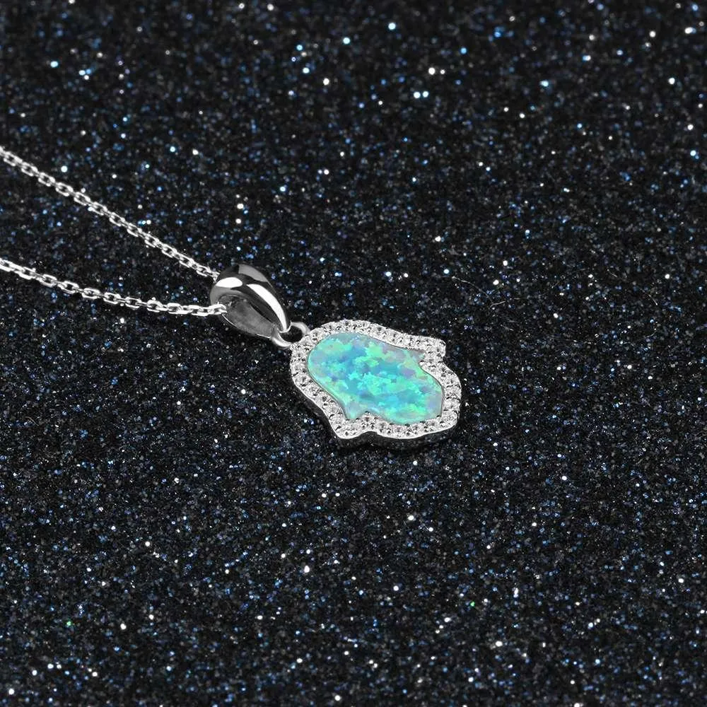 Opal Stone Pendant With Sterling Silver Necklace For Women, Hamas Hand Shaped Pendant Inspired By Ocean