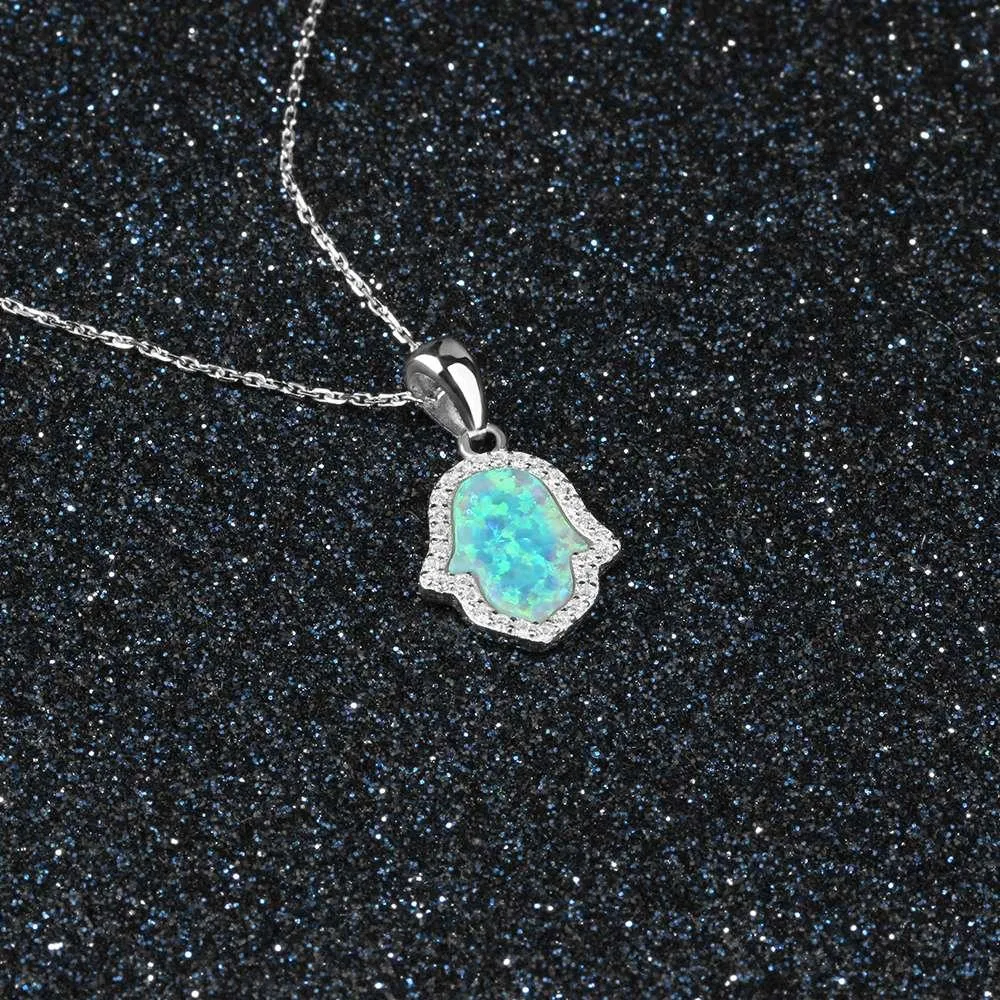 Opal Stone Pendant With Sterling Silver Necklace For Women, Hamas Hand Shaped Pendant Inspired By Ocean