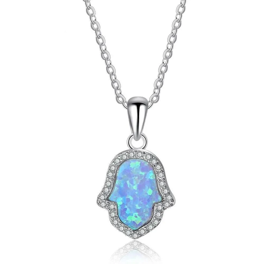 Opal Stone Pendant With Sterling Silver Necklace For Women, Hamas Hand Shaped Pendant Inspired By Ocean