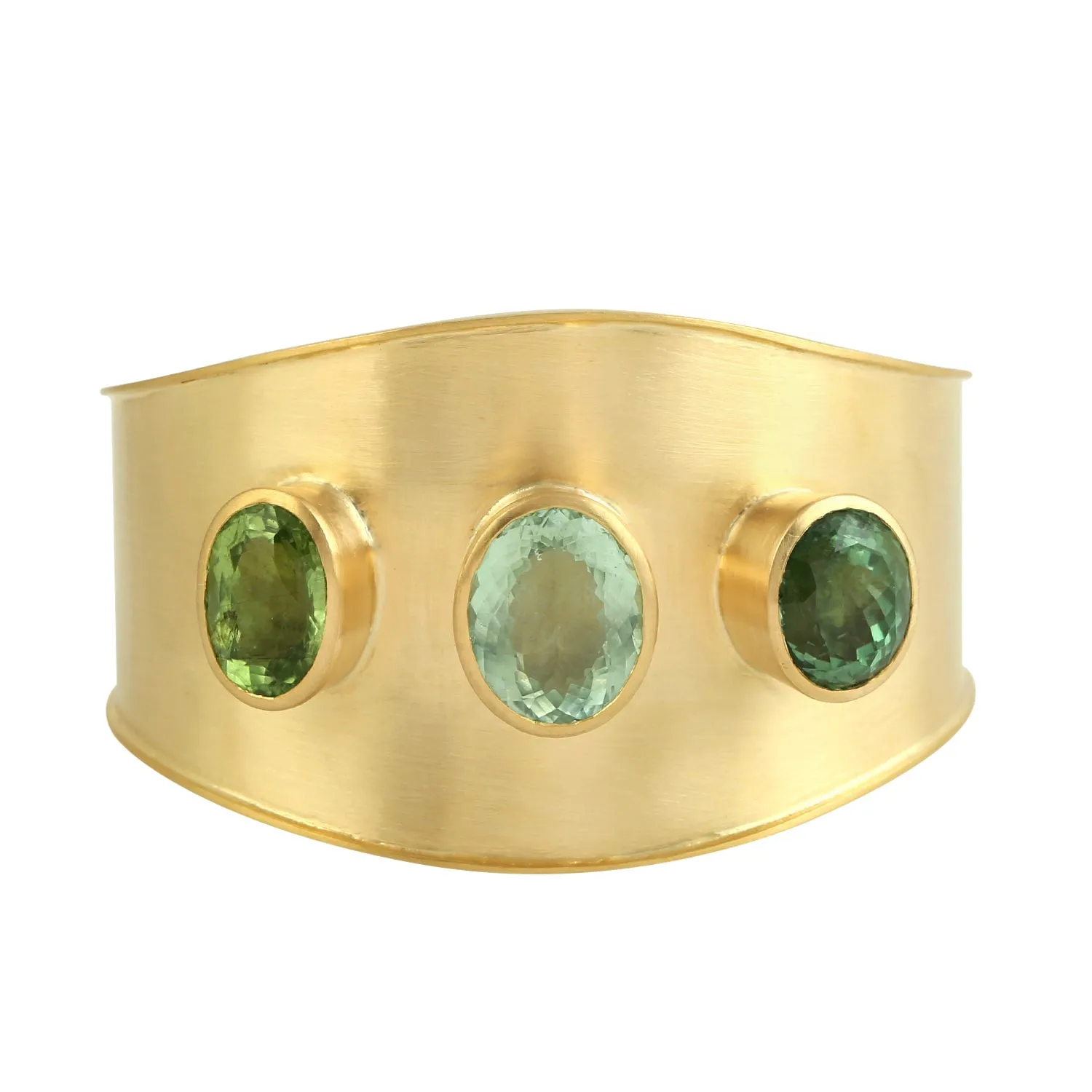 Oval Cut Green Tourmaline 18K Yellow Gold Cuff Bangle Engagement Jewelry