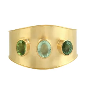 Oval Cut Green Tourmaline 18K Yellow Gold Cuff Bangle Engagement Jewelry