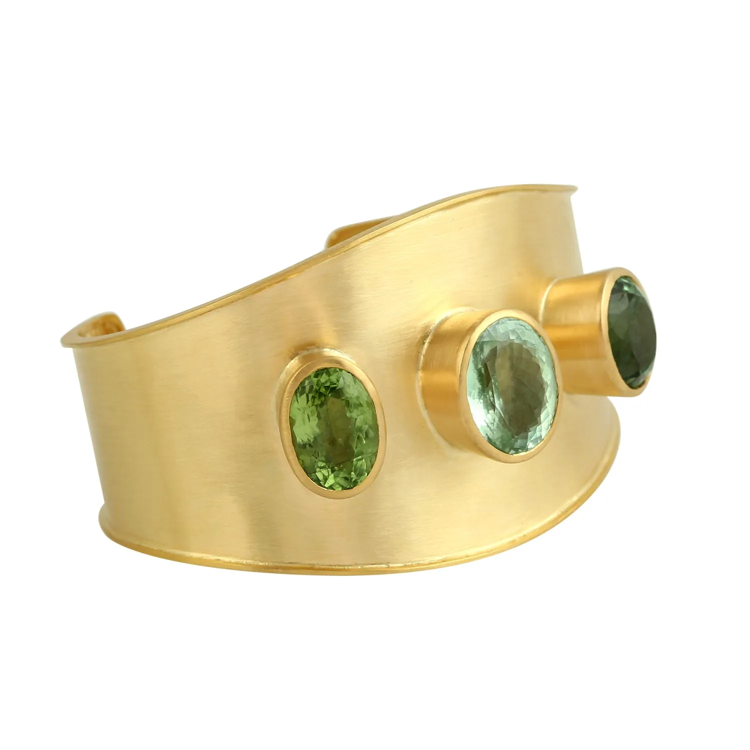 Oval Cut Green Tourmaline 18K Yellow Gold Cuff Bangle Engagement Jewelry