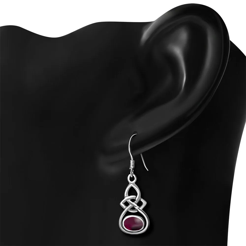 Oval Garnet Celtic Knot Silver Earrings