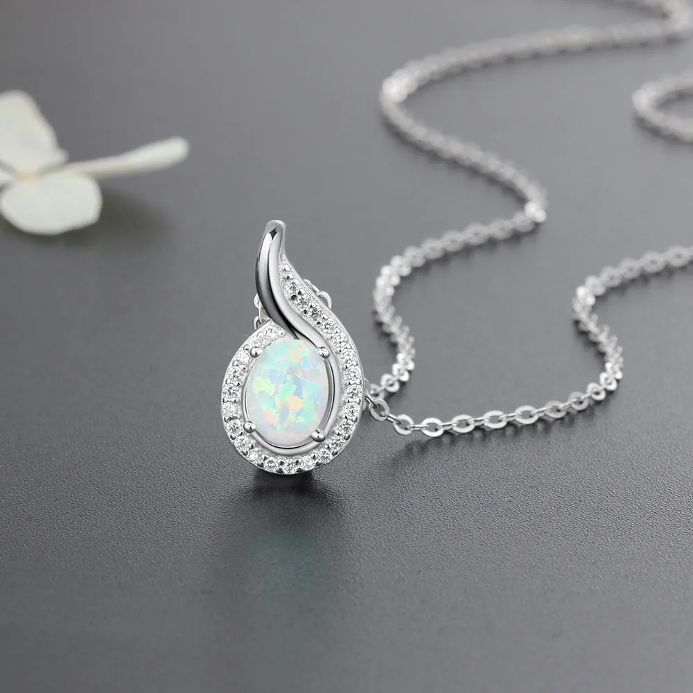 Oval Opal Droplet Zircon Sterling Silver Necklace