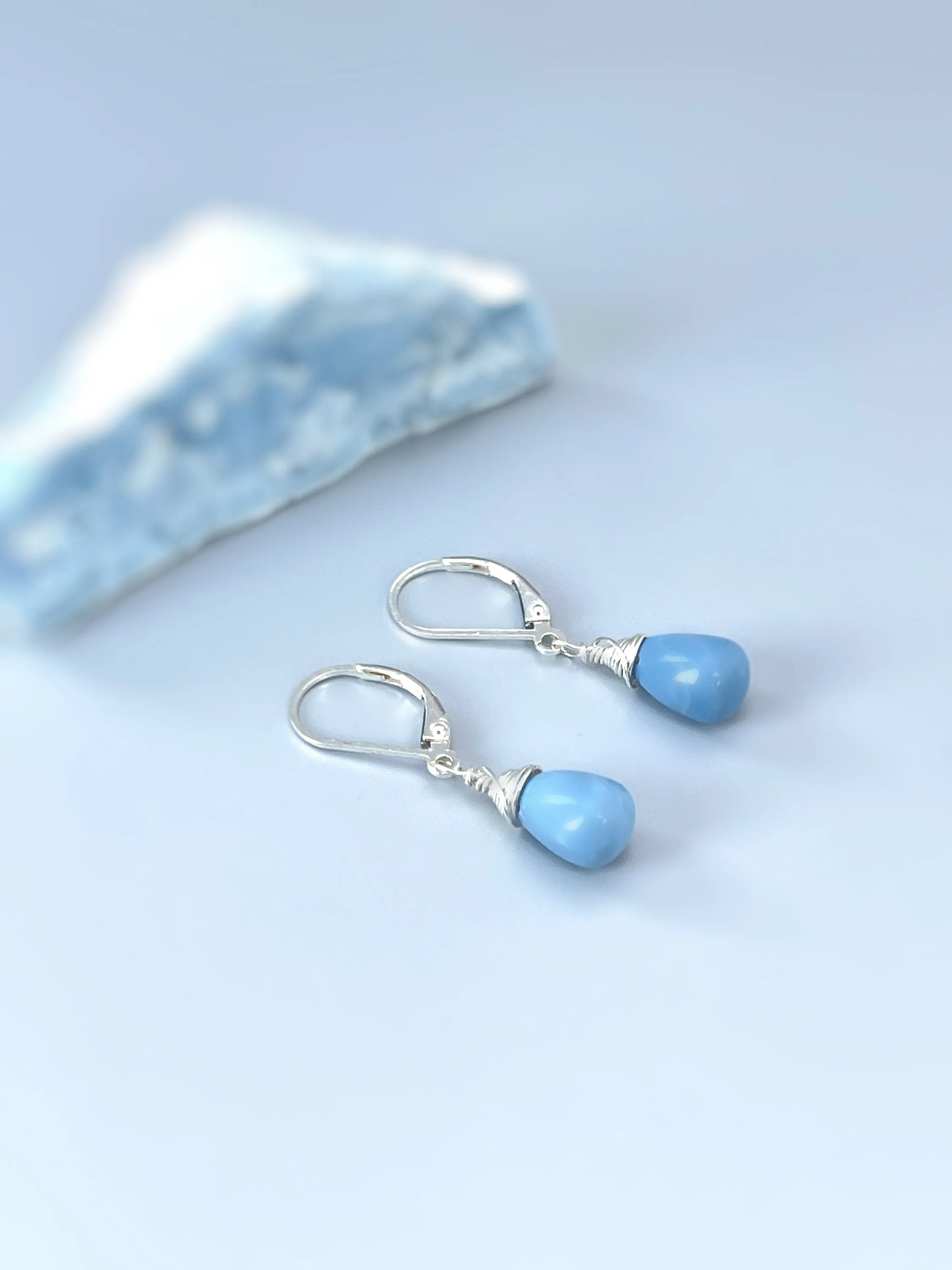 Owyhee Blue Opal earrings dangle Sterling Silver Gold, Rose Gold teardrops