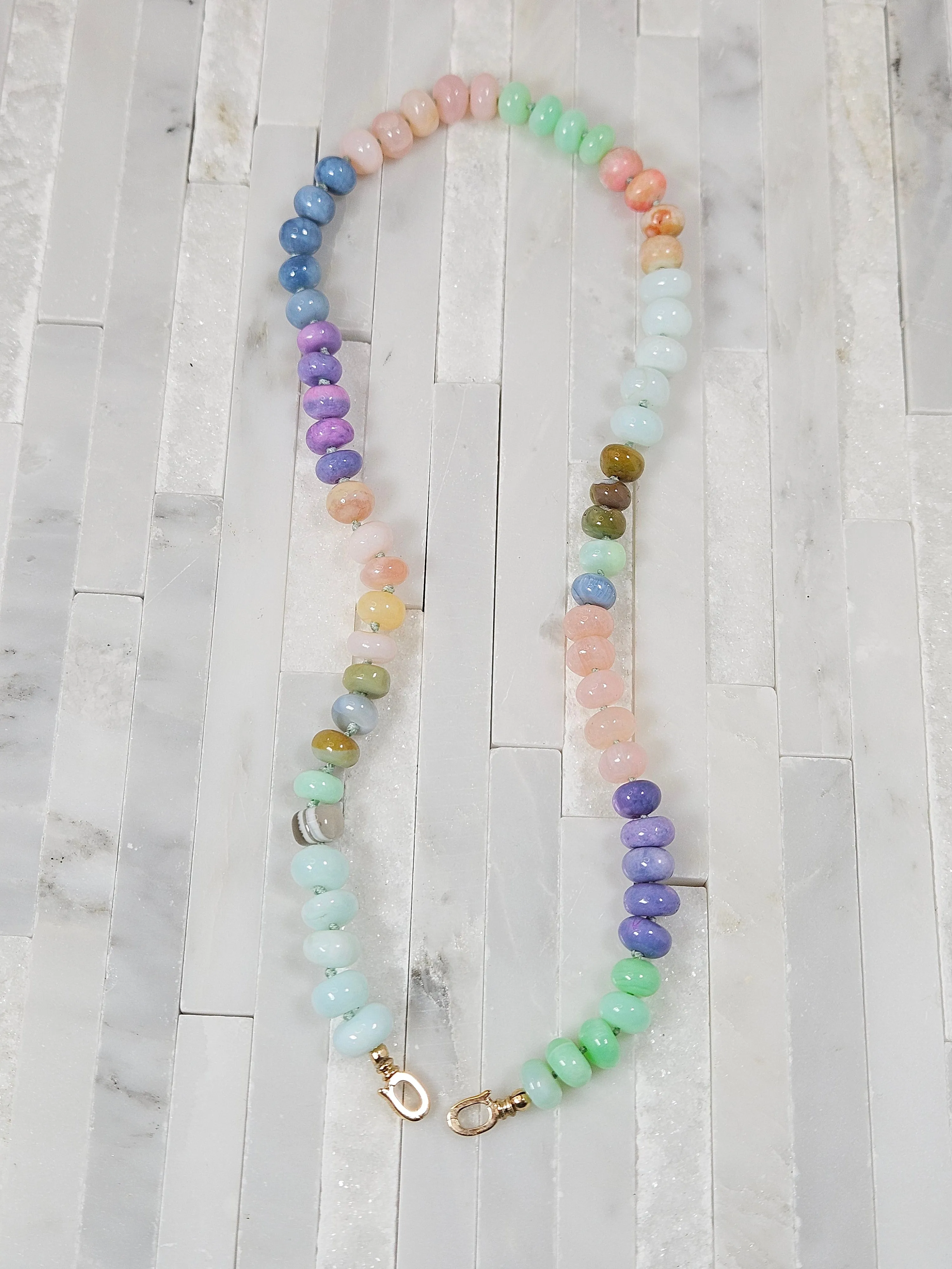 Pastel Multicolor Candy Pop Opal Gemstone Beaded Necklace 14K Gold 16"