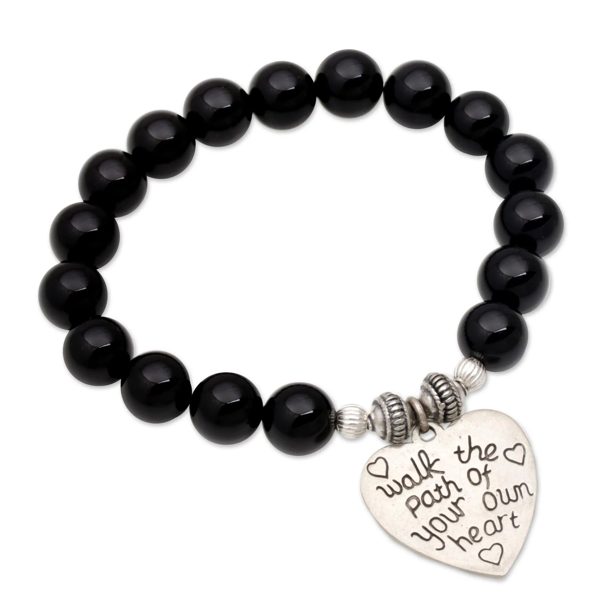 Path of Love Onyx and 925 Silver Beaded Heart Stretch Bracelet from Bali