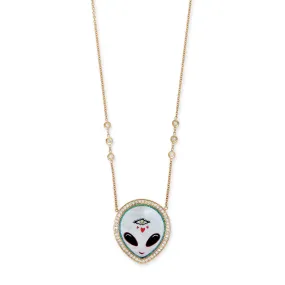 PAVE PEARL   ONYX ALIEN HEART EYE INLAY NECKLACE