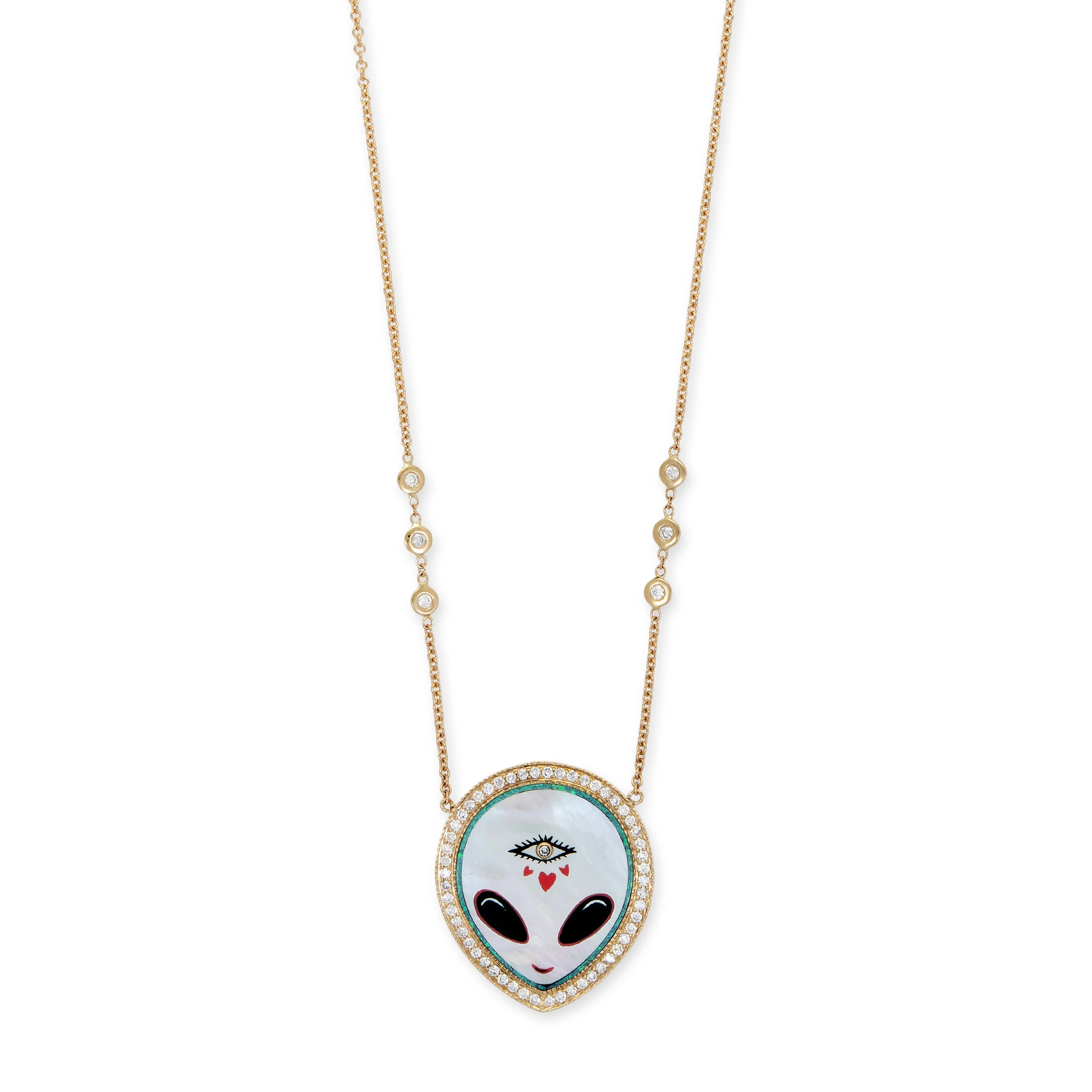 PAVE PEARL   ONYX ALIEN HEART EYE INLAY NECKLACE