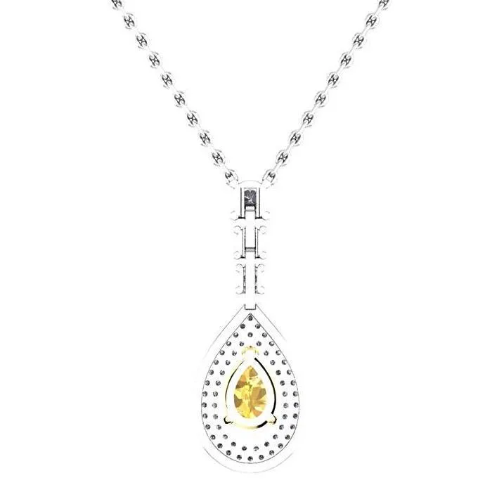 Pear Citrine Diamond Pendant Necklace 14K White Gold