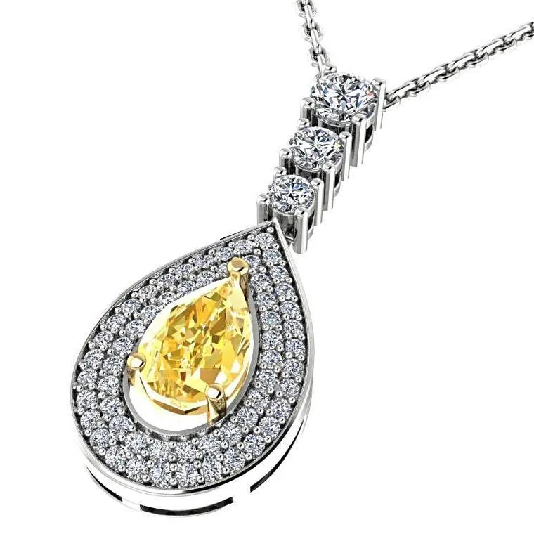 Pear Citrine Diamond Pendant Necklace 14K White Gold