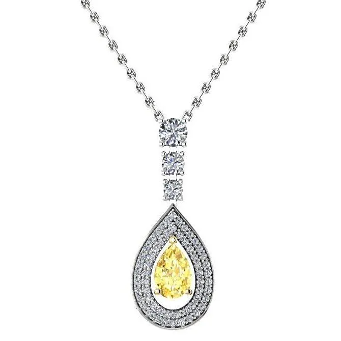 Pear Citrine Diamond Pendant Necklace 14K White Gold