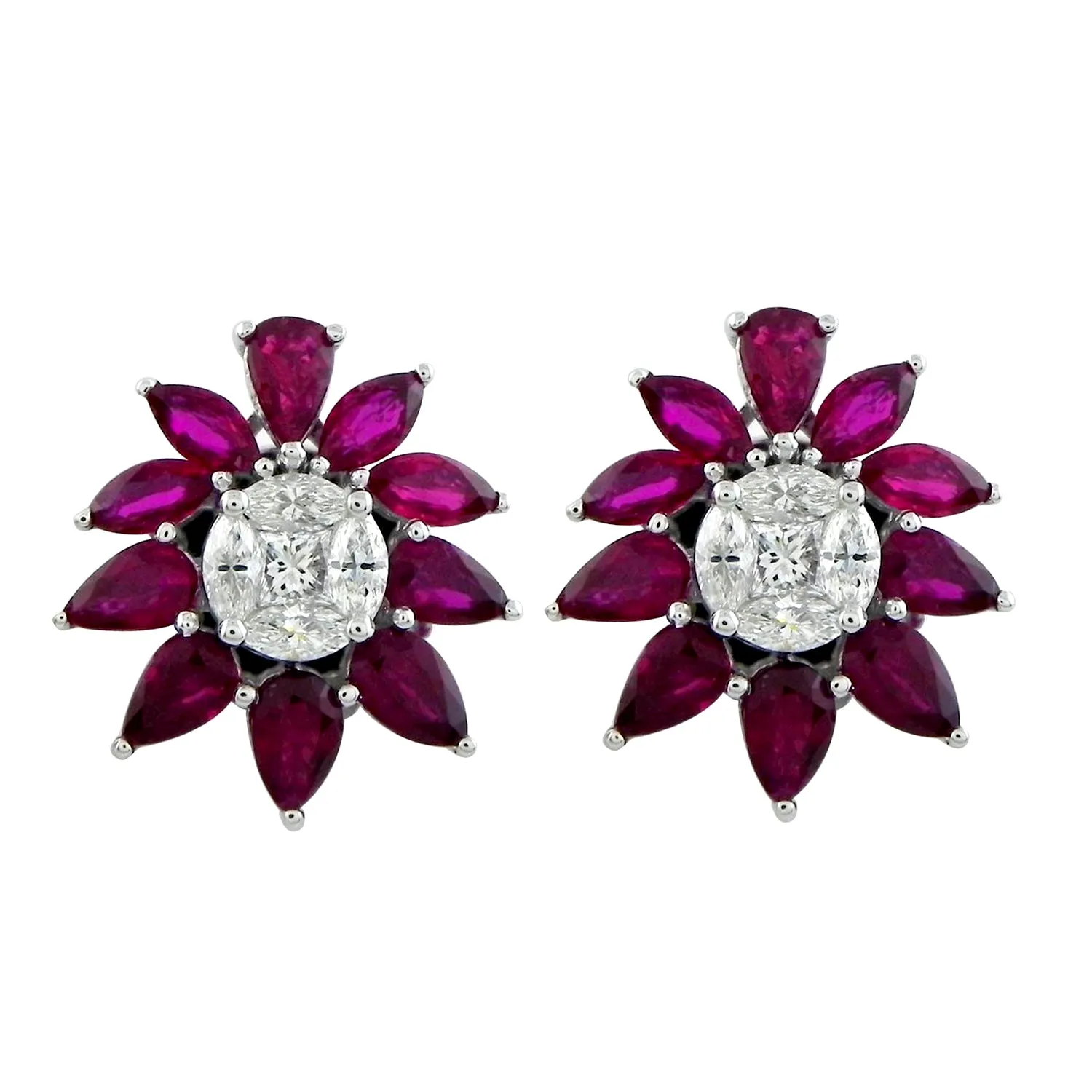 Pear Cut Ruby Diamond Daisy Wedding Stud Earrings In 18k White Gold On Sale