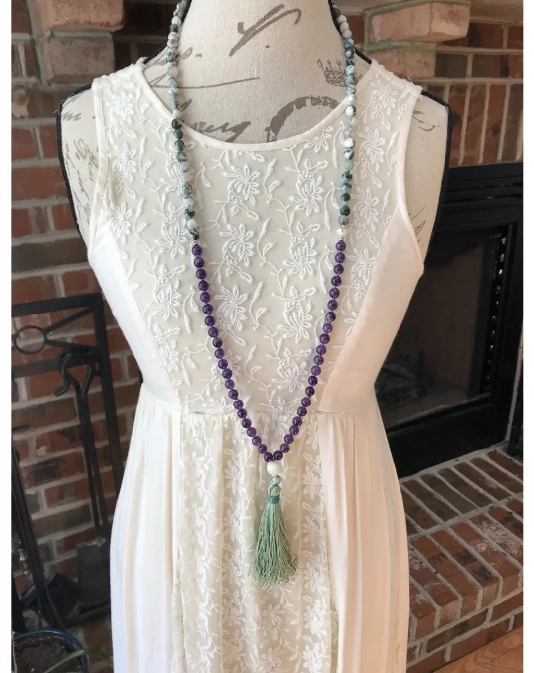 Pink Quartz, Amethyst, Tree Agate Love Mala Tassel Necklace