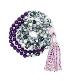 Pink Quartz, Amethyst, Tree Agate Love Mala Tassel Necklace