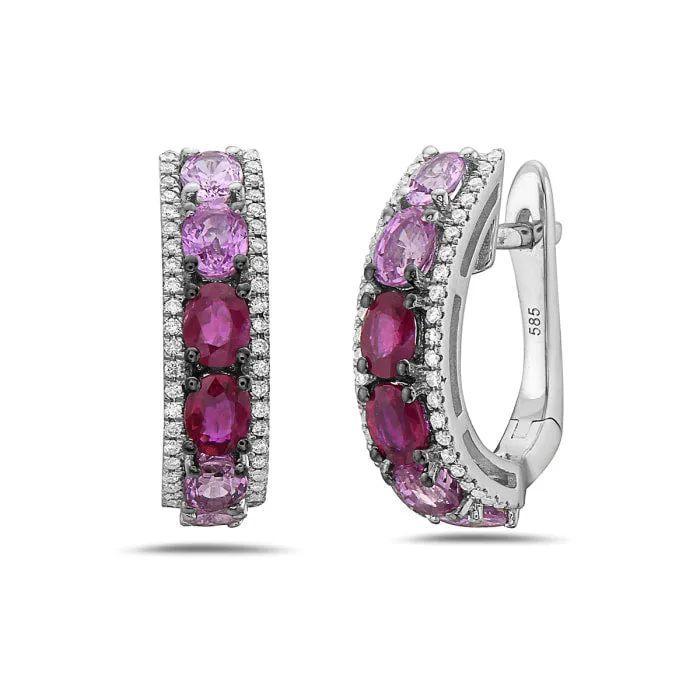 Pink Sapphire and Ruby Huggie Earrings