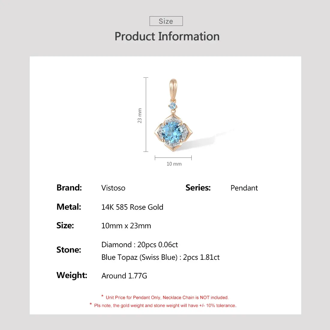 Pure Solitaire 14K Rose Gold Pendant For Women Diamond Swiss Blue Topaz Elegant Simple Anniversary Party Fine Jewelry