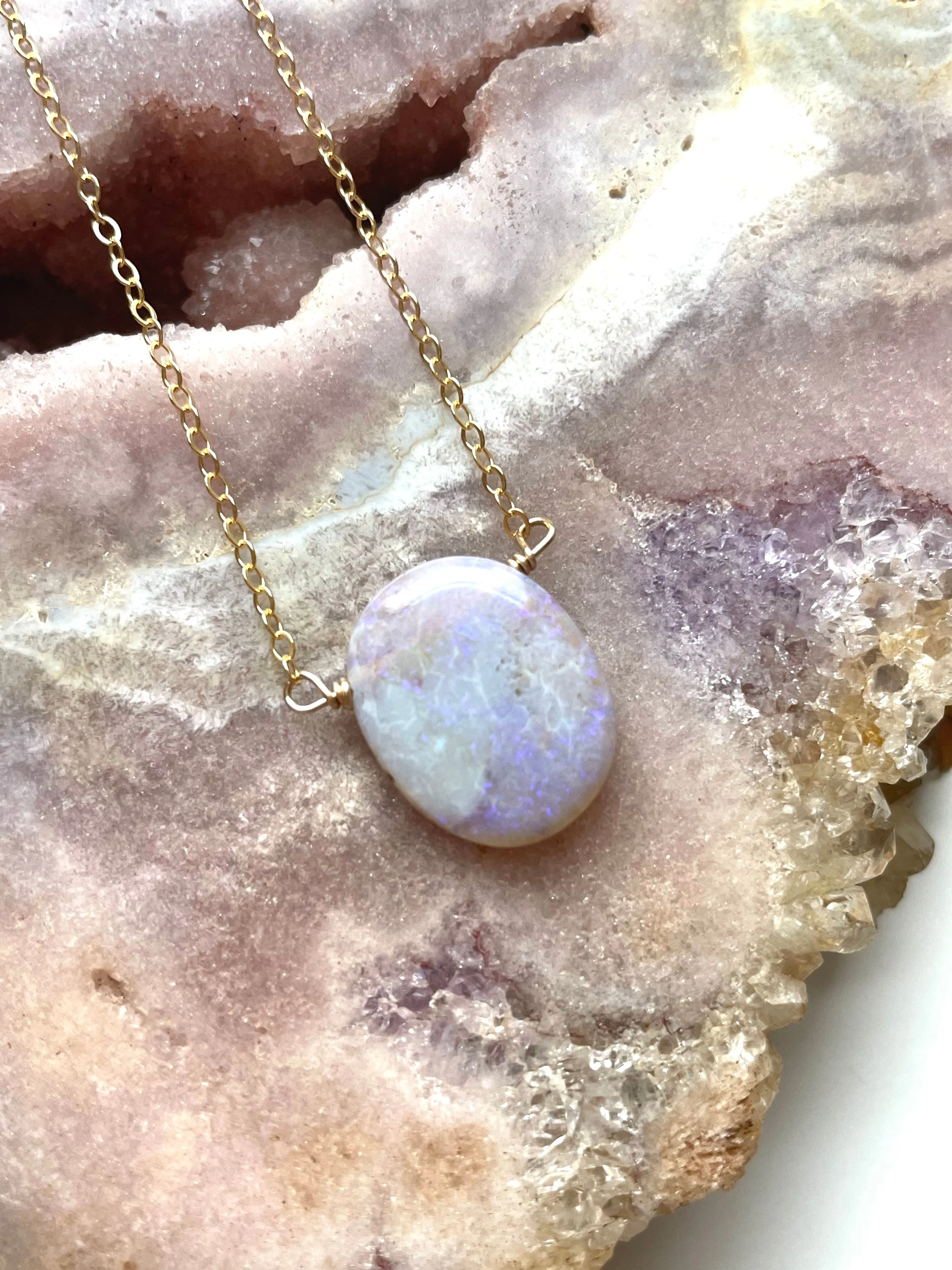 Purple Australian Opal Pendant Necklace Gold Filled