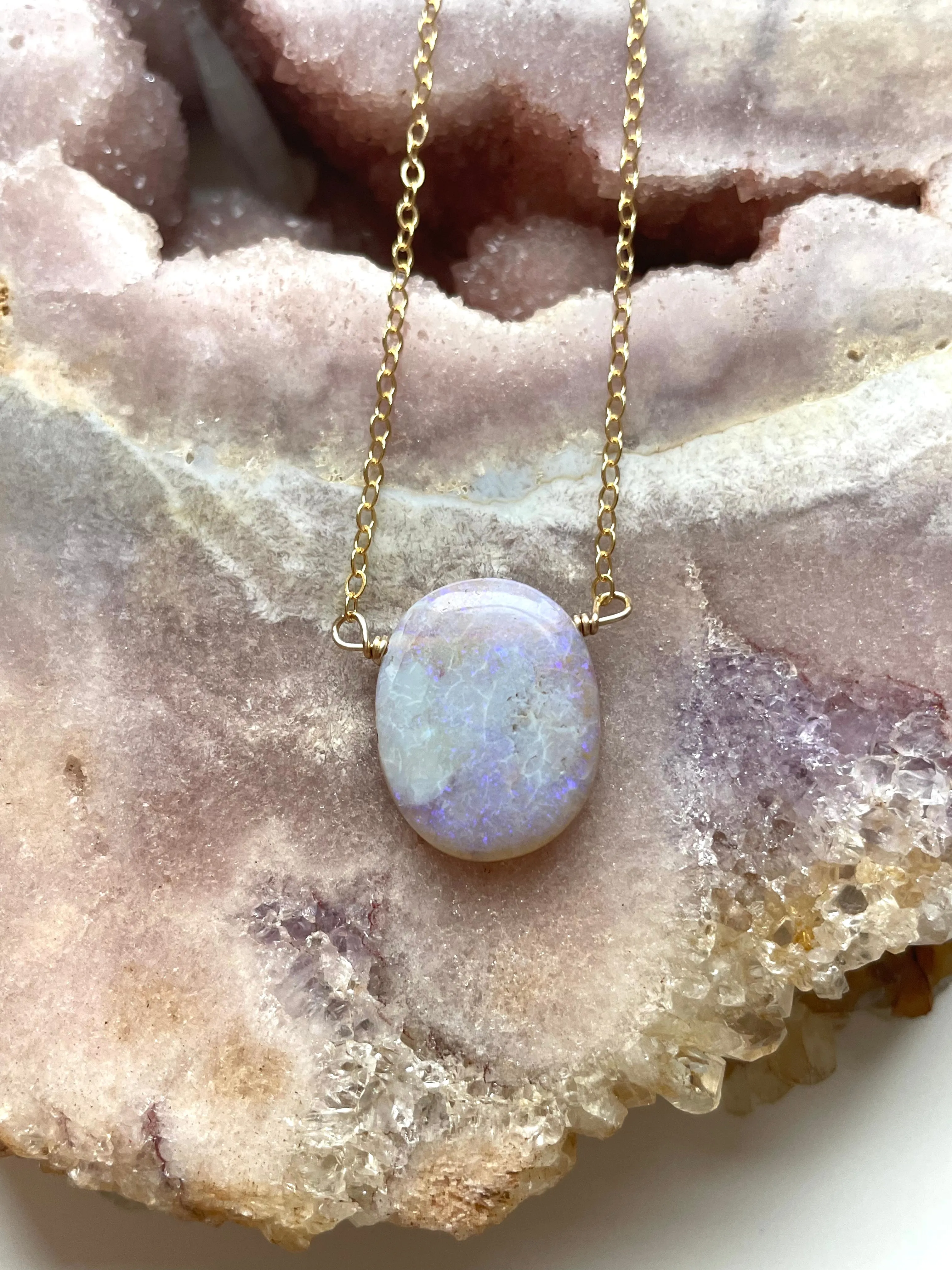 Purple Australian Opal Pendant Necklace Gold Filled