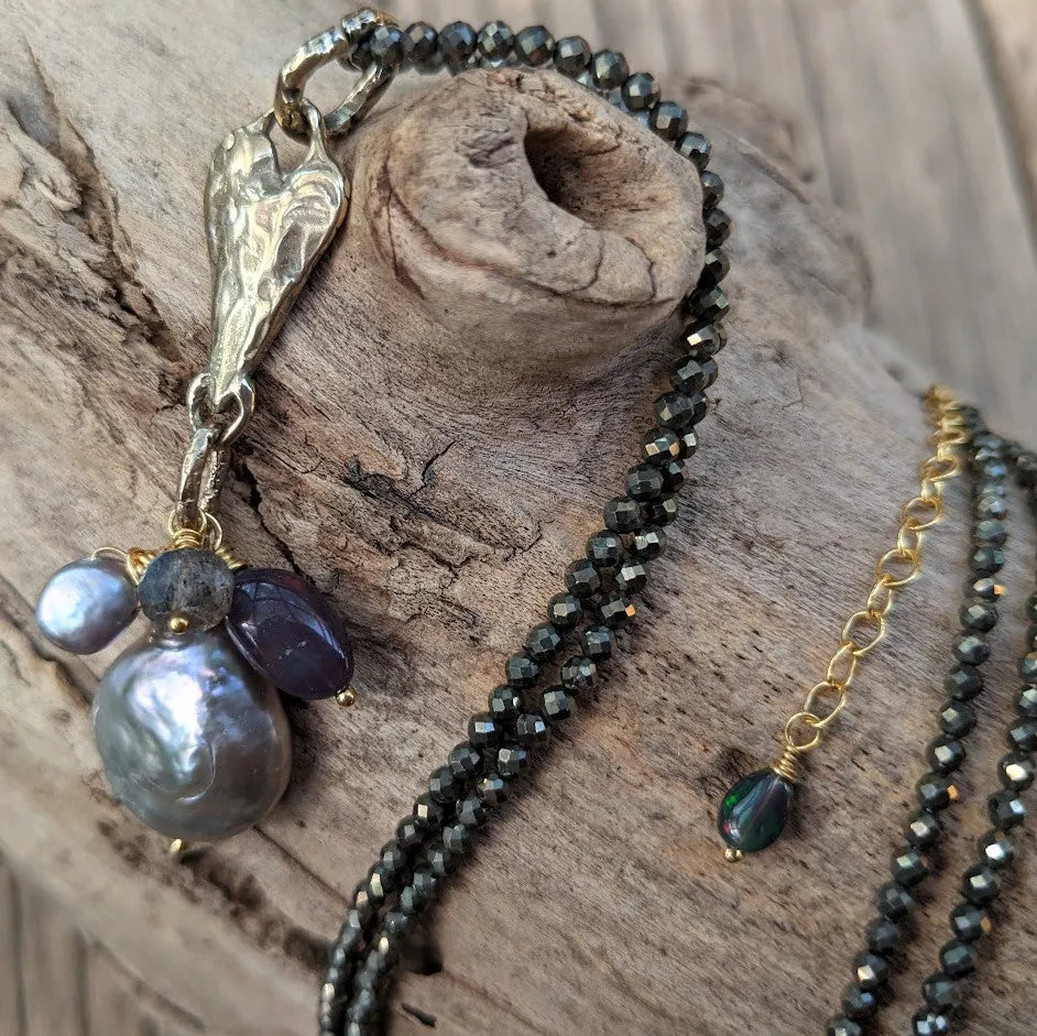 Pyrite, Gray Pearl, Labradorite & Black Opal Pendant Necklace