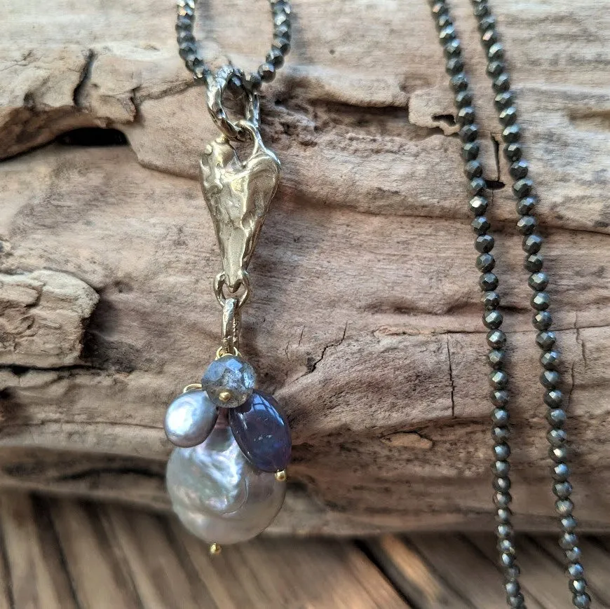 Pyrite, Gray Pearl, Labradorite & Black Opal Pendant Necklace