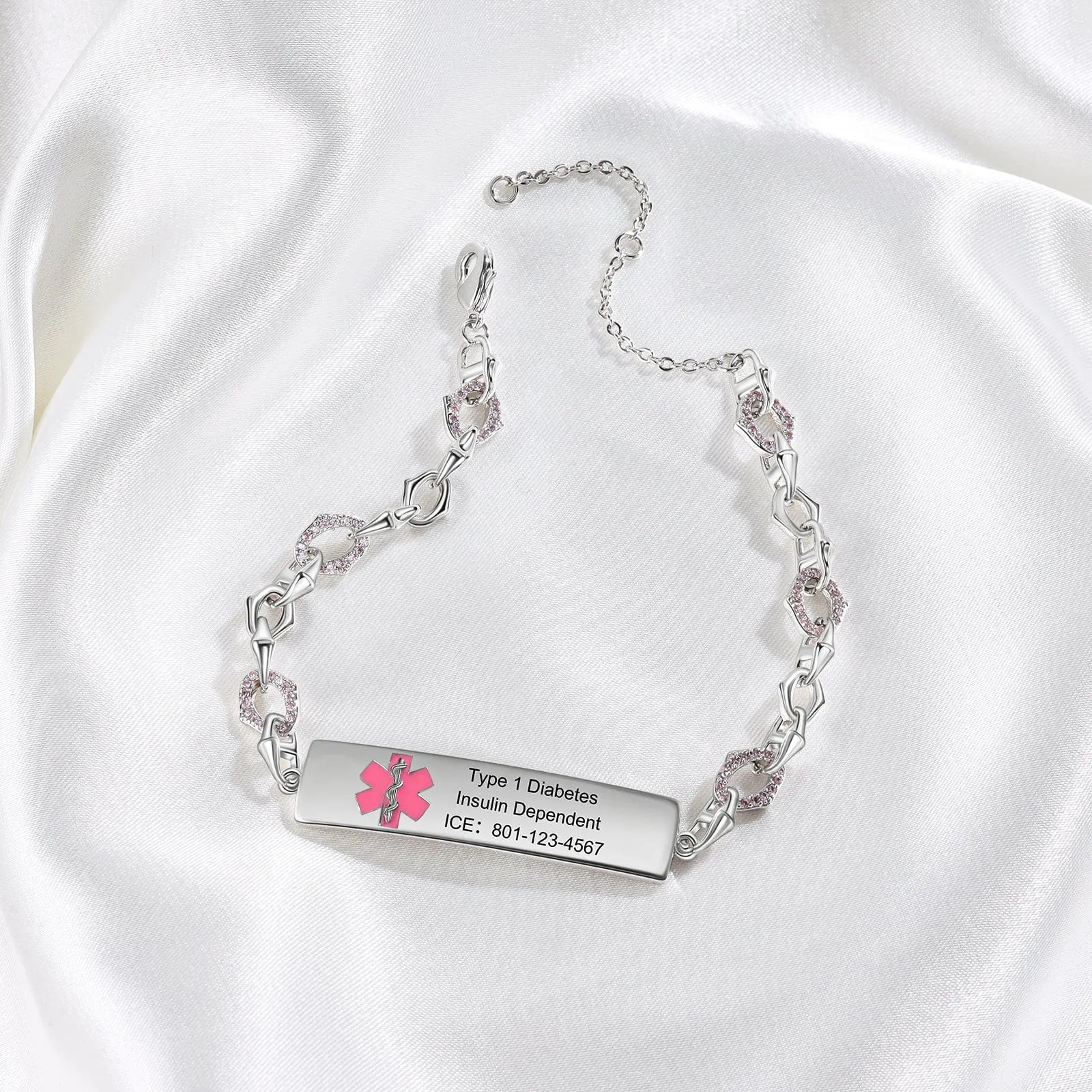 "Experience Elegance in Safety: Your Personalized, White Gold Plated Medical Bracelet"