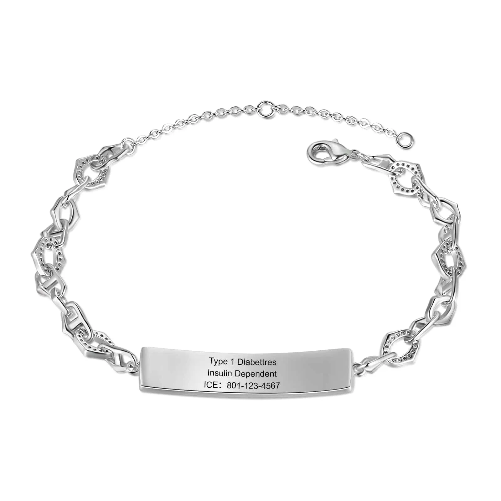 "Experience Elegance in Safety: Your Personalized, White Gold Plated Medical Bracelet"