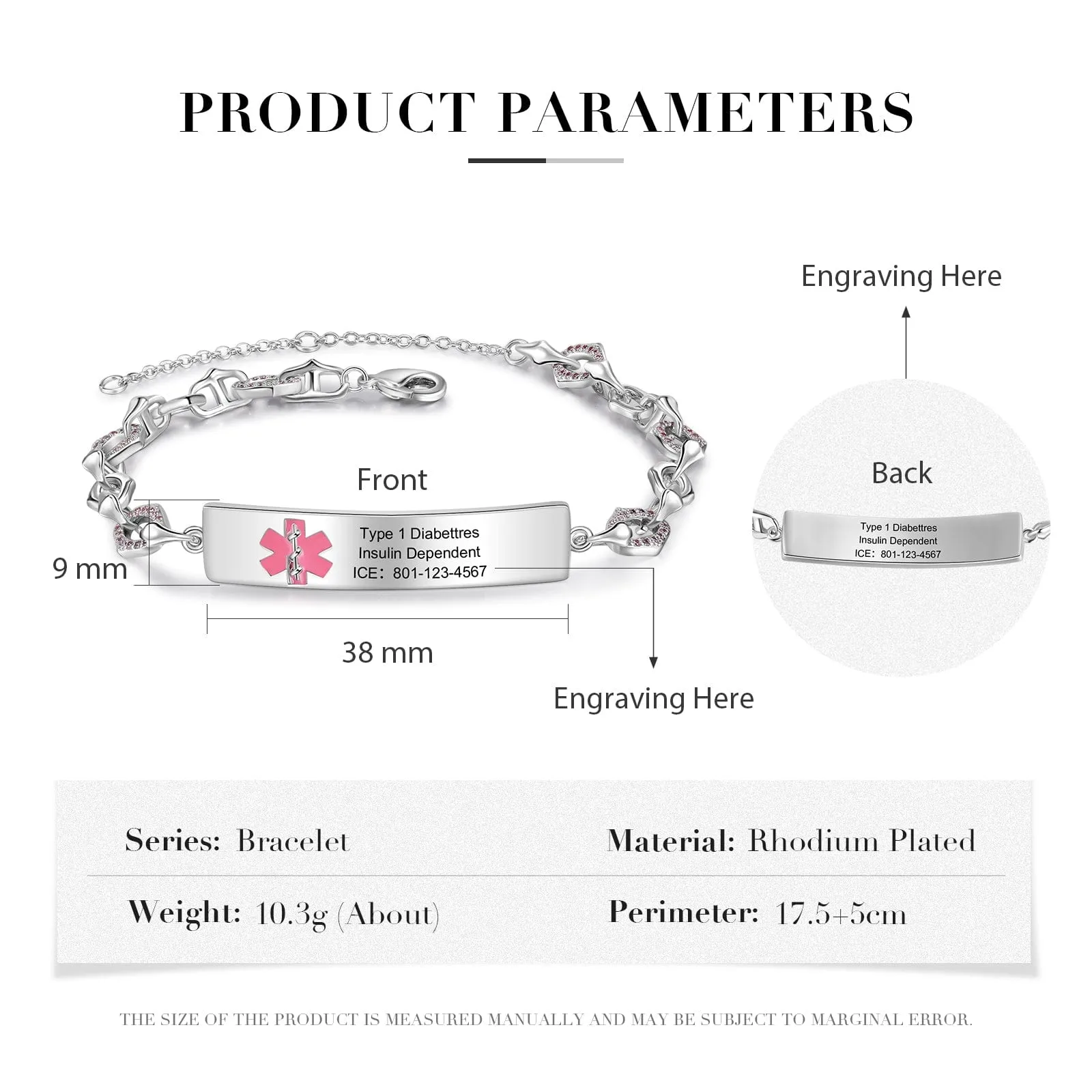 "Experience Elegance in Safety: Your Personalized, White Gold Plated Medical Bracelet"