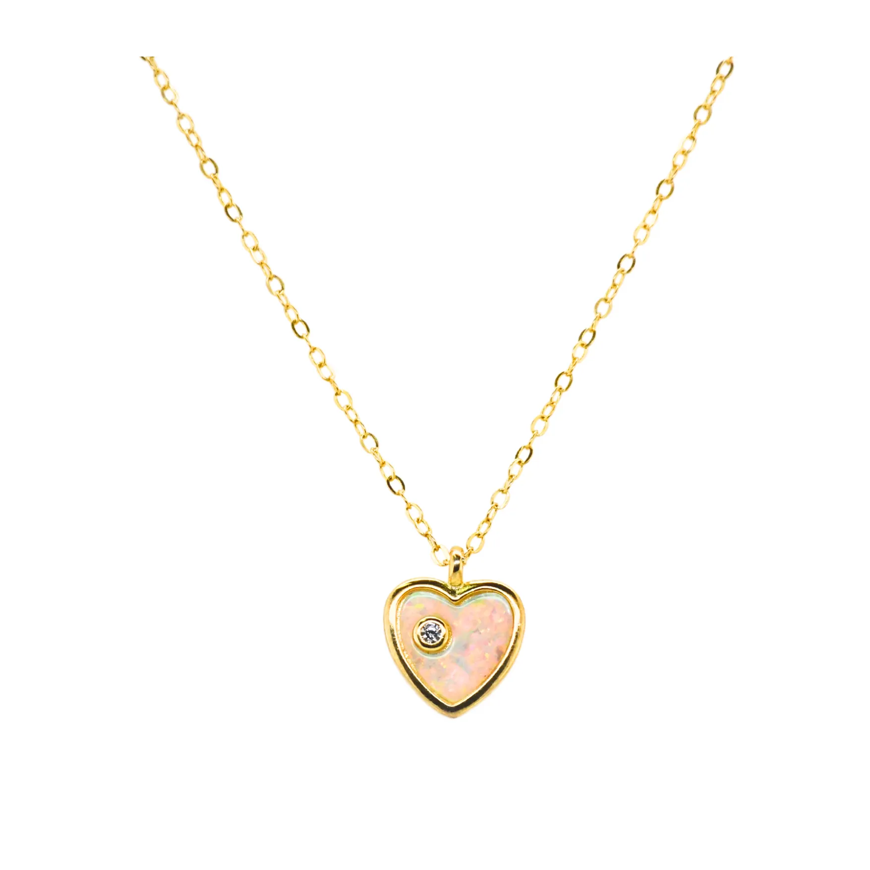 "HEART   SOLITAIRE" CZ and Opal Necklace