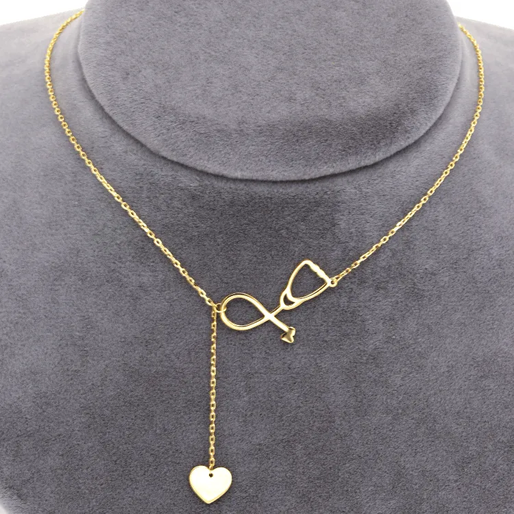 Real Gold Stethoscope With Dangler Heart Adjustable Size Necklace 7883 N1396