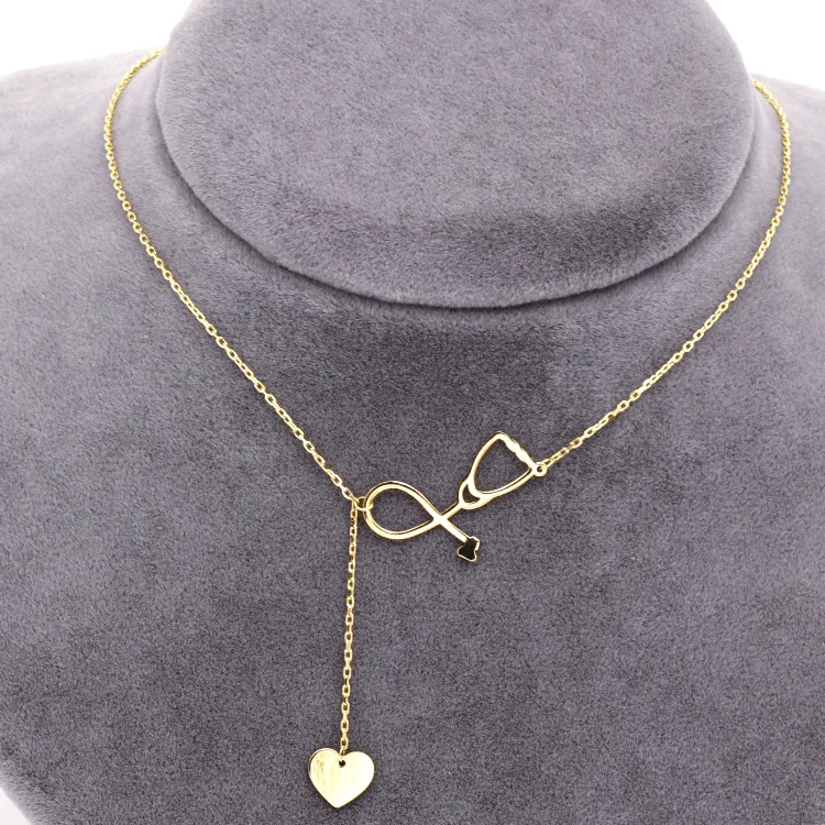 Real Gold Stethoscope With Dangler Heart Adjustable Size Necklace 7883 N1396