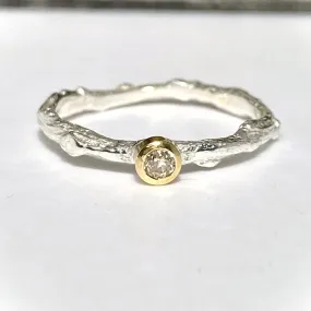 Recycled Diamond Silver and Gold Twig Ring, Diamond Stacking Ring