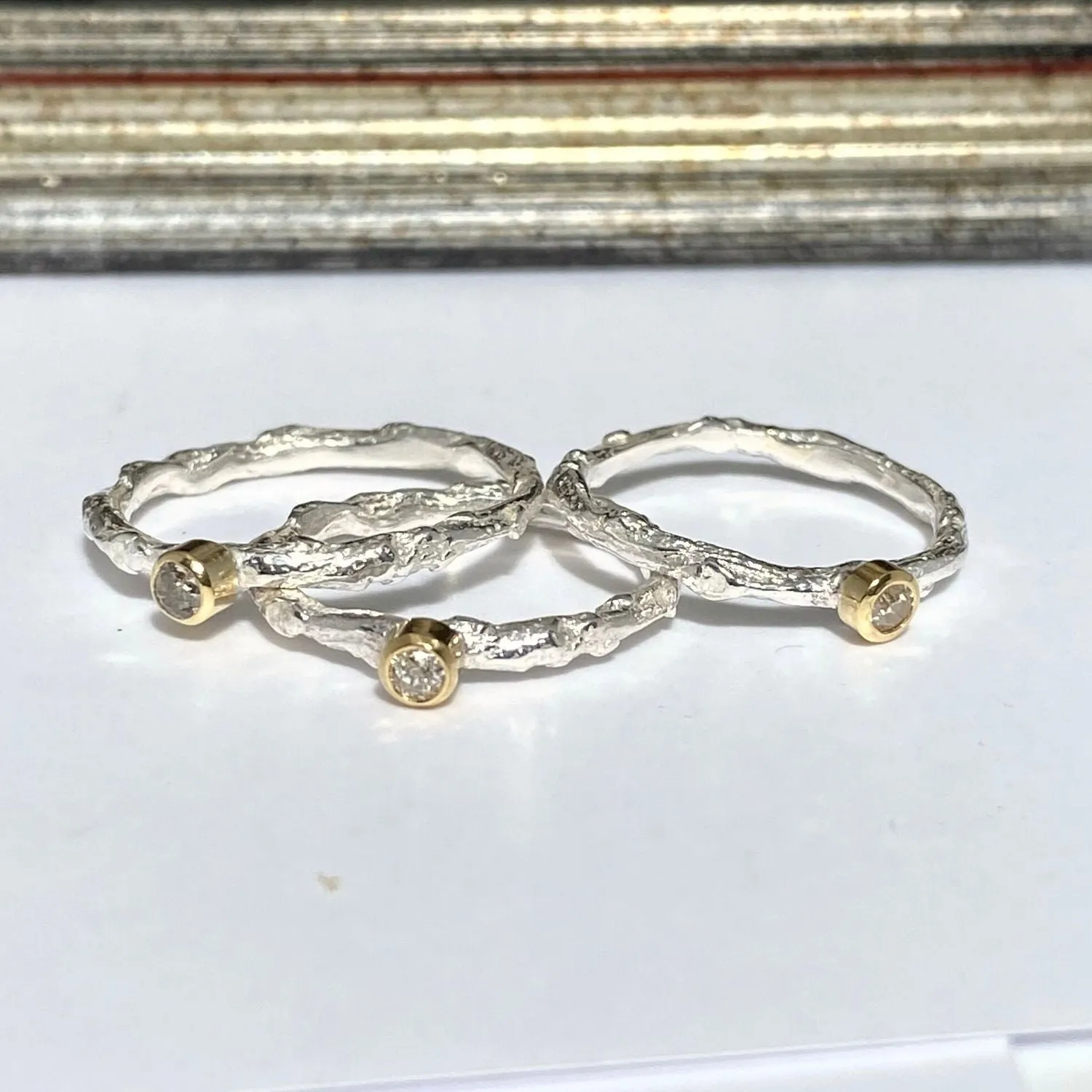 Recycled Diamond Silver and Gold Twig Ring, Diamond Stacking Ring