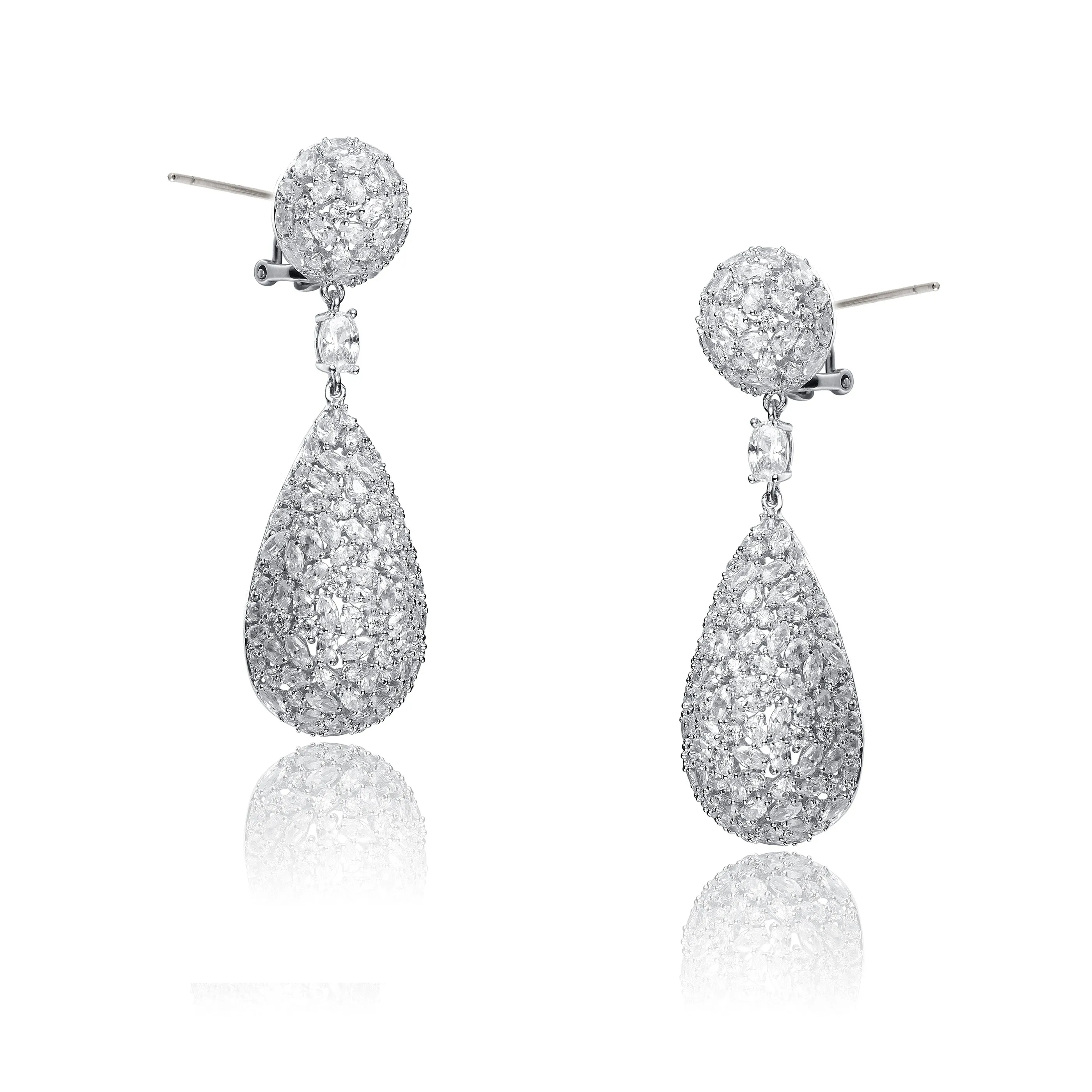 Rhodium Plated with Cubic Zirconia Raindrop French Pave Earrings in Sterling Silver