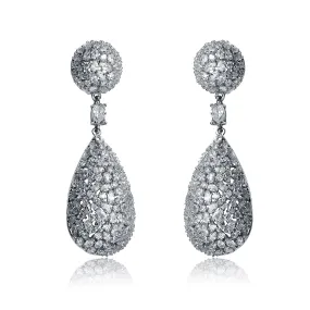 Rhodium Plated with Cubic Zirconia Raindrop French Pave Earrings in Sterling Silver