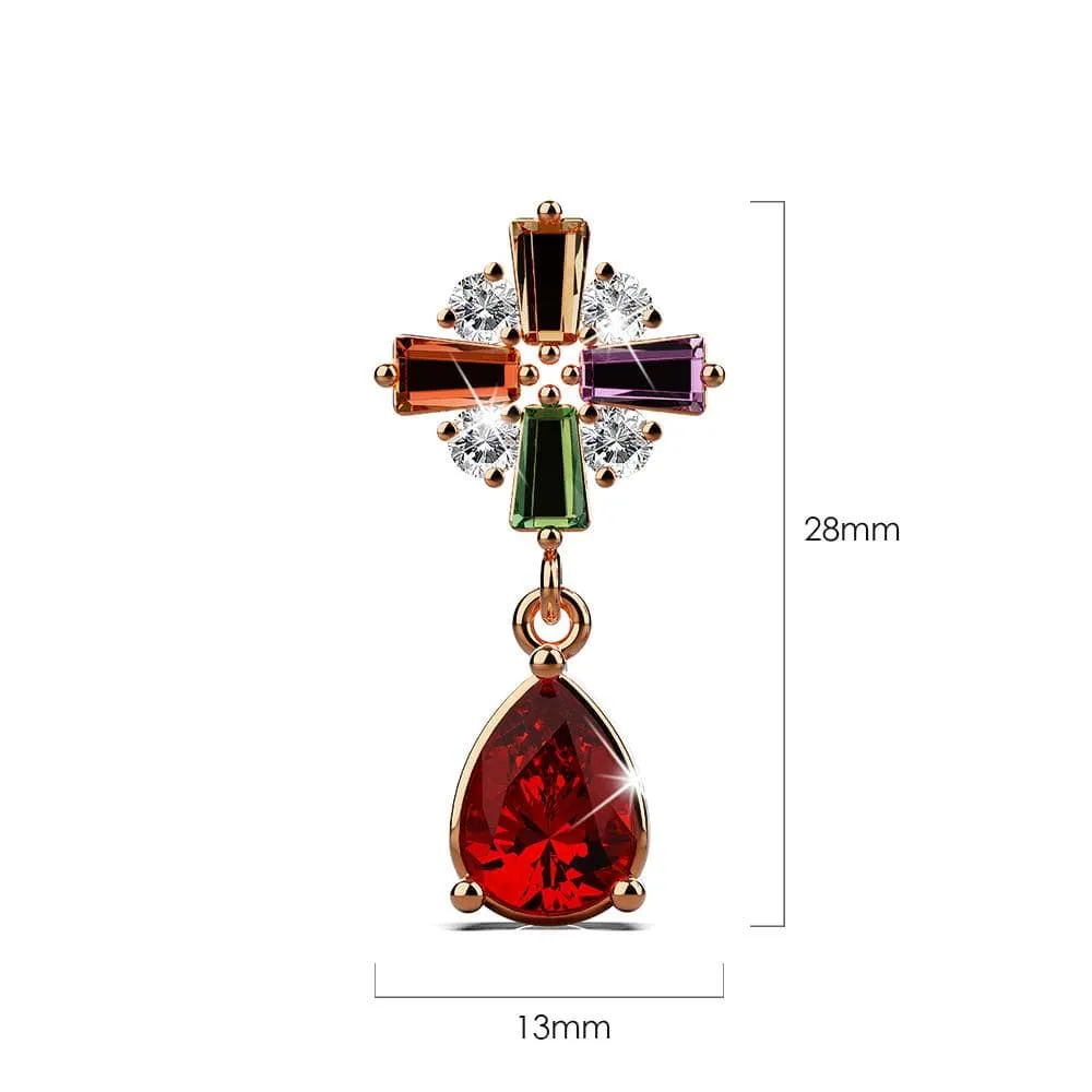 Rose Gold Plated Many-Hues Cross and Ruby Red Teardrop Earrings