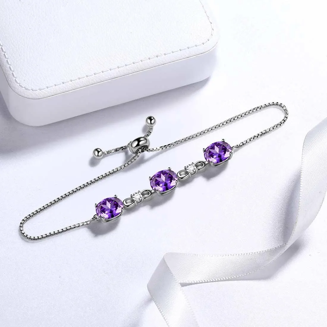 Round Birthstone February Amethyst Bracelet Women Girls Jewelry Birthday Gift Sterling Silver