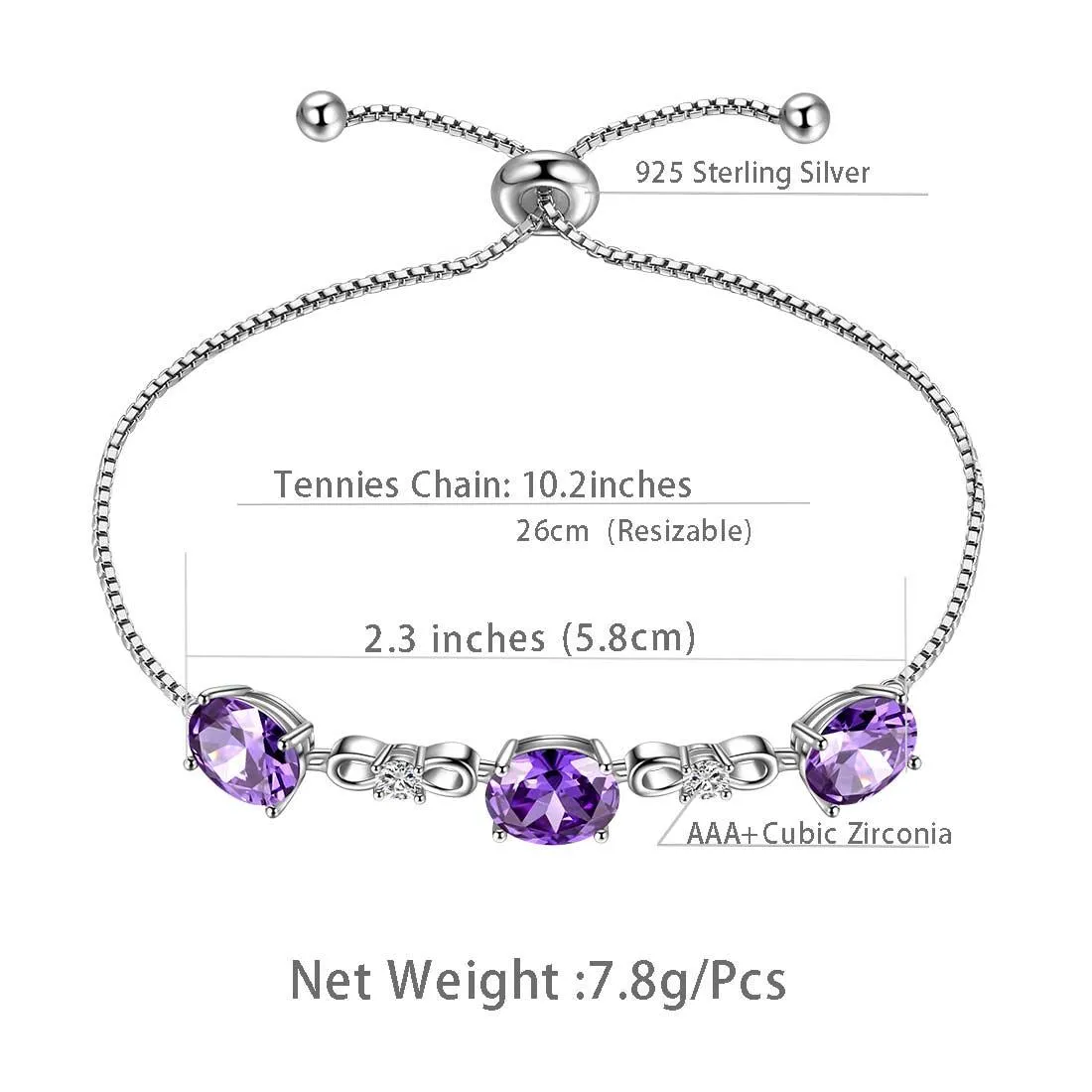 Round Birthstone February Amethyst Bracelet Women Girls Jewelry Birthday Gift Sterling Silver