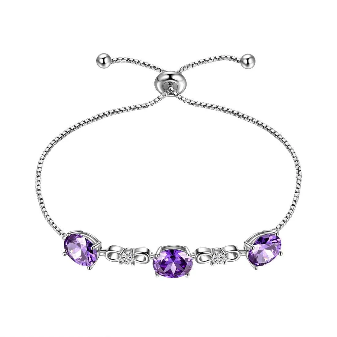 Round Birthstone February Amethyst Bracelet Women Girls Jewelry Birthday Gift Sterling Silver