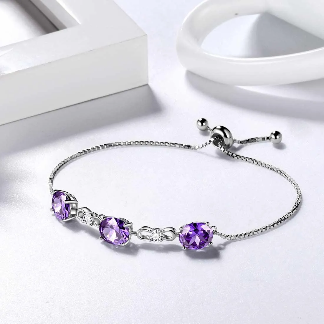 Round Birthstone February Amethyst Bracelet Women Girls Jewelry Birthday Gift Sterling Silver