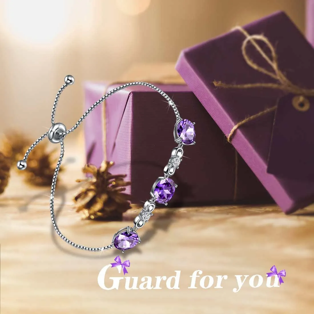 Round Birthstone February Amethyst Bracelet Women Girls Jewelry Birthday Gift Sterling Silver