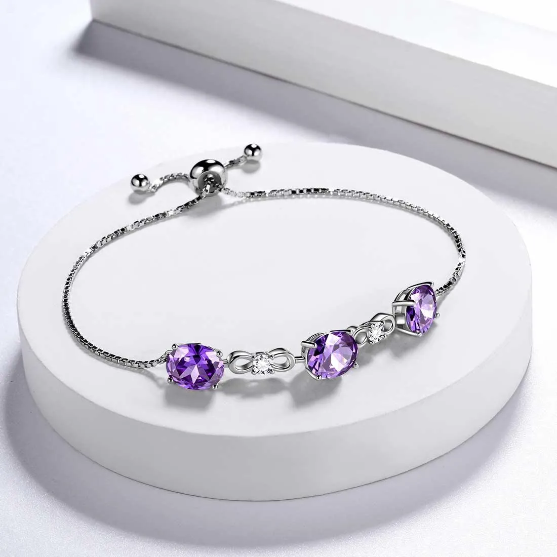 Round Birthstone February Amethyst Bracelet Women Girls Jewelry Birthday Gift Sterling Silver