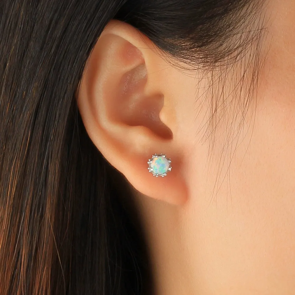 Round Blue Pink White Fire Opal Earrings 925 Sterling Silver Stud