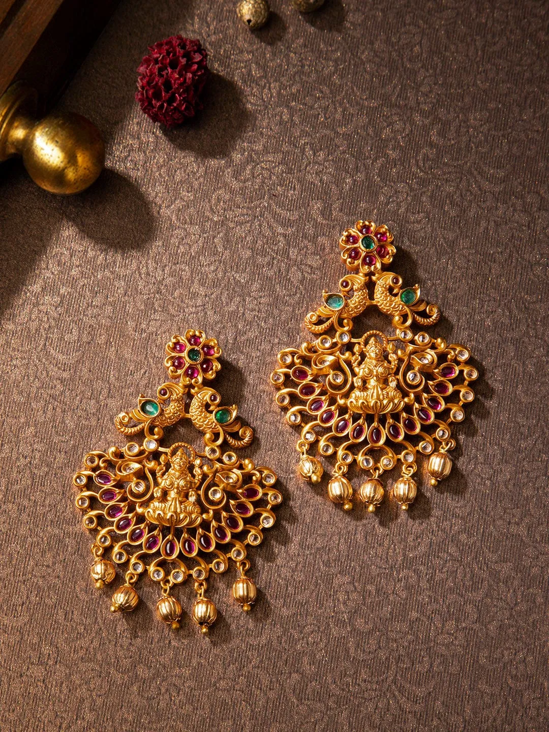 Rubans Finely Handcrafted Gold Plated CZ And Ruby Studded Chandbali Earrings