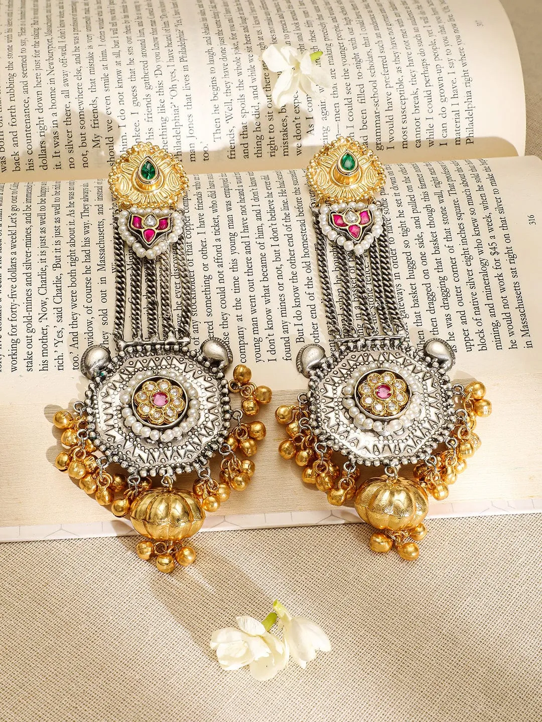 Rubans Oxidized Silver & Gold-Plated Long Dangle Earrings with Ruby, Emerald & Gold Bead Accents