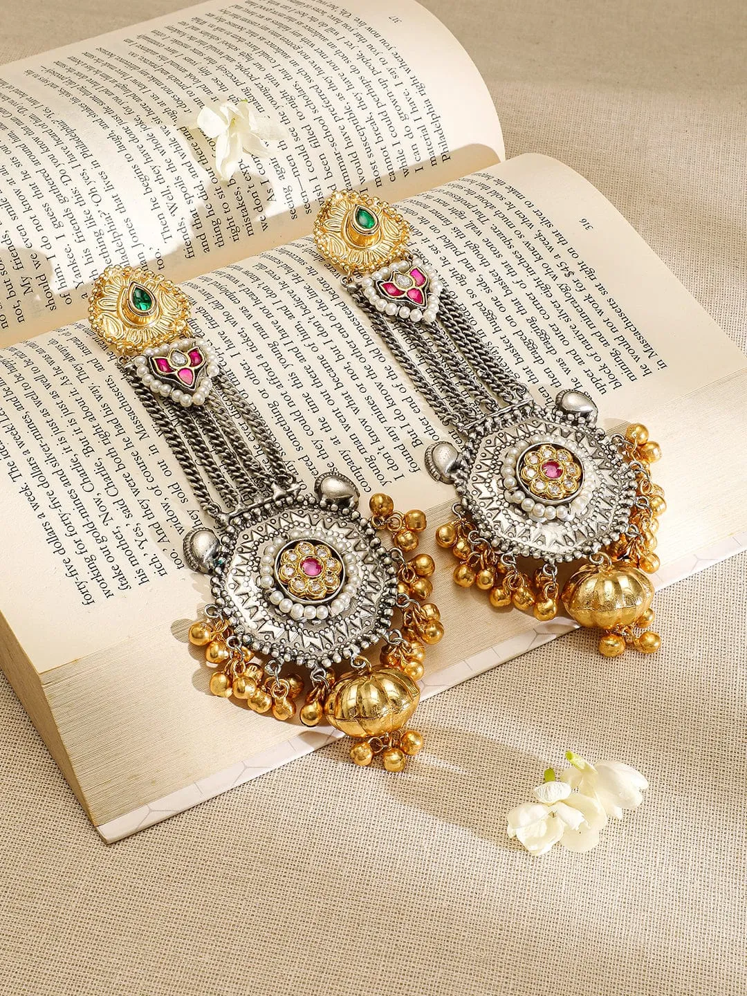 Rubans Oxidized Silver & Gold-Plated Long Dangle Earrings with Ruby, Emerald & Gold Bead Accents