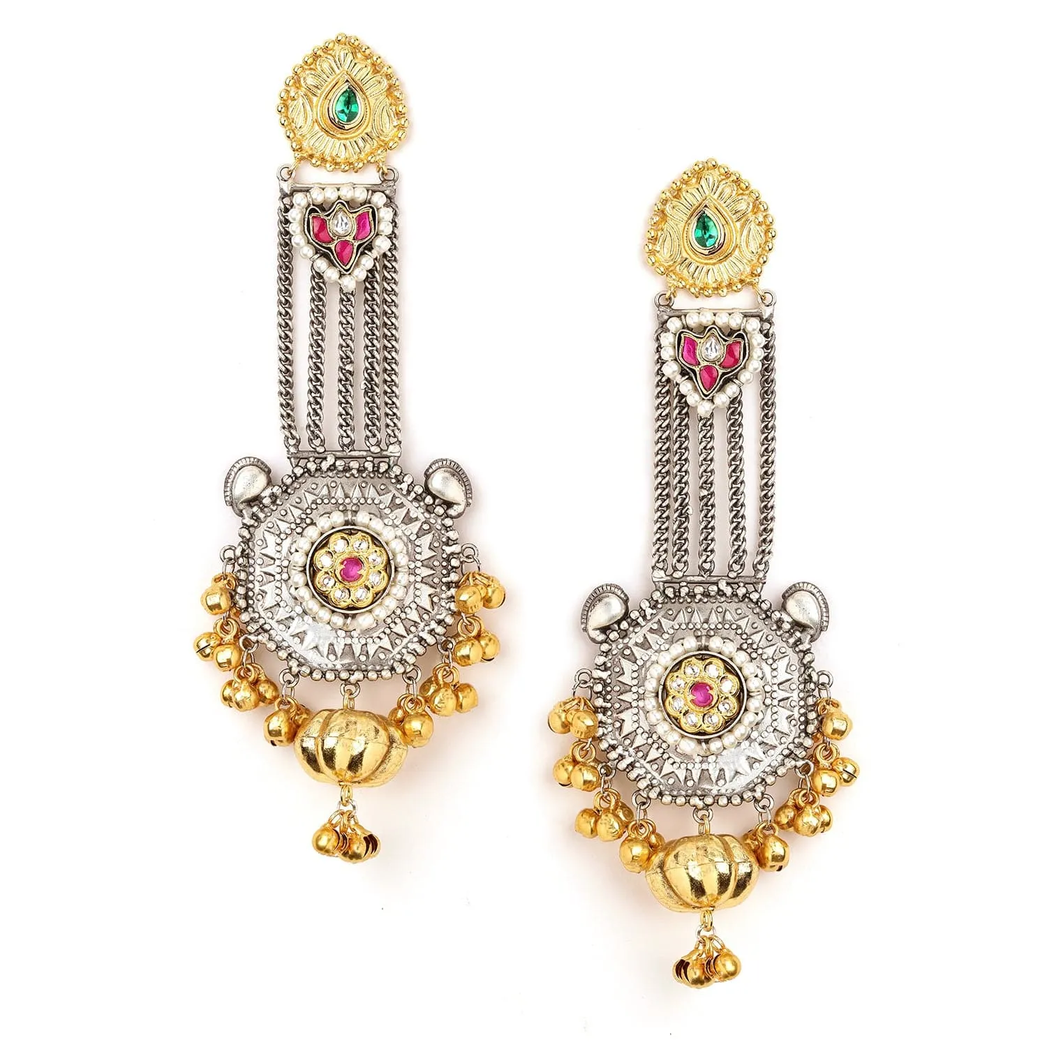 Rubans Oxidized Silver & Gold-Plated Long Dangle Earrings with Ruby, Emerald & Gold Bead Accents